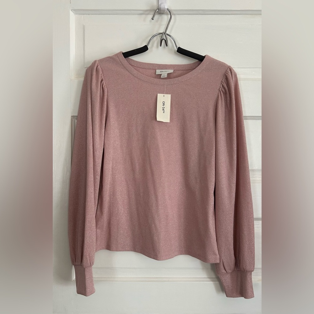 On 34th Pink Metallic Puff Sleeve Blouse, size L